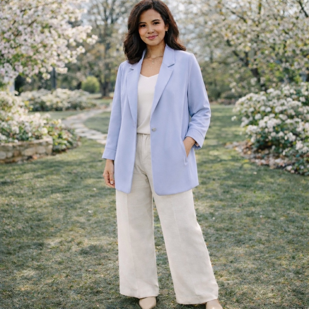 CHICO’S ICE BLUE PASTEL LONGLINE SUPER SOFT FLEECE BLAZER POCKETS SIZE LARGE